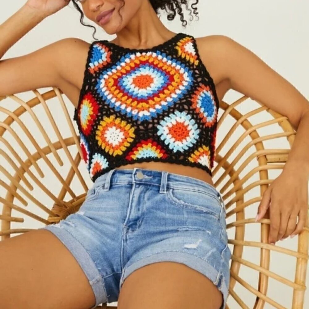 Altar'd State Blossom Tank Top XS Rainbow Crochet Cropped Festival Coachella
